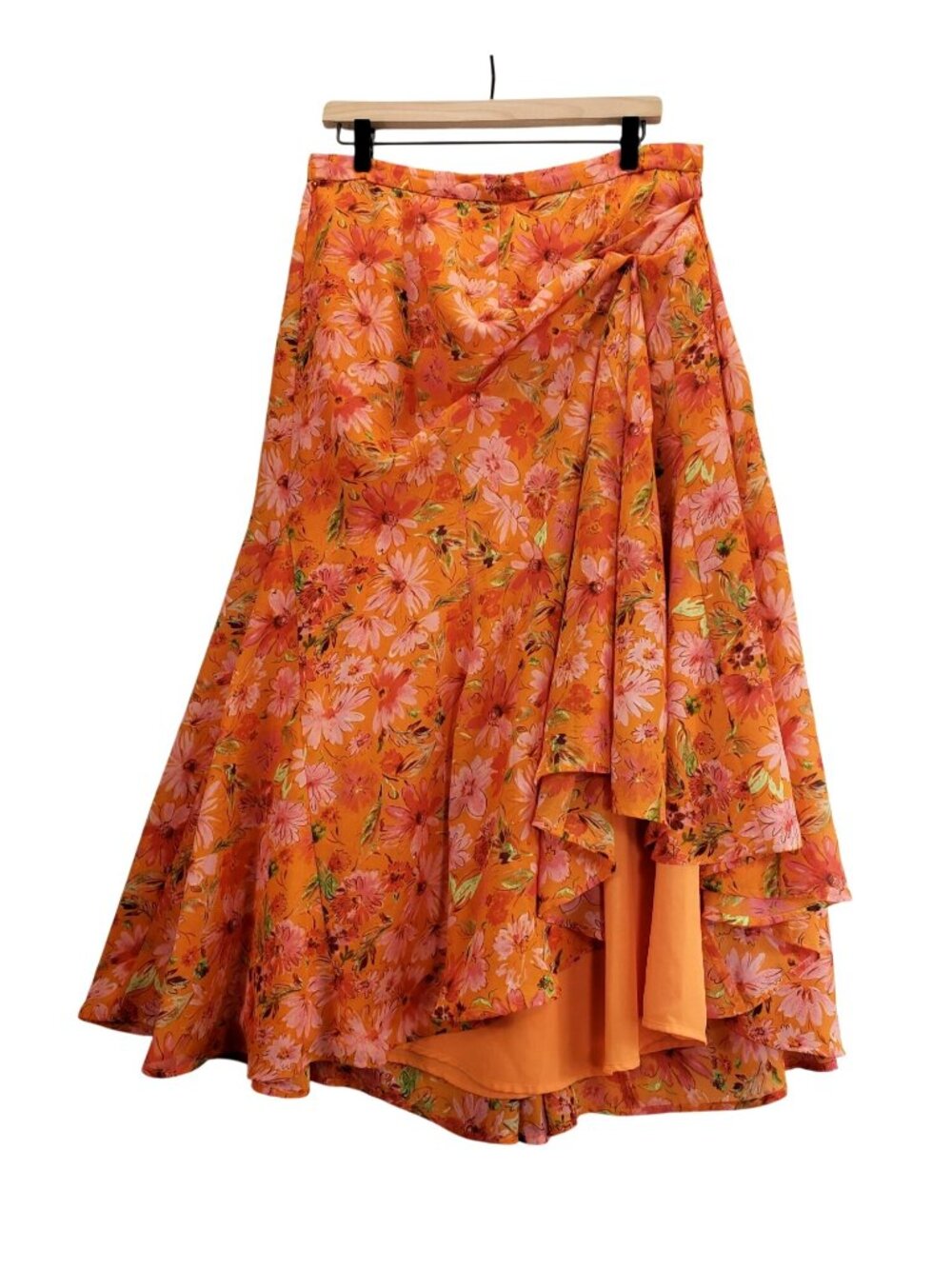 Flowy Maxi Skirt Orange Pink Floral L Coldwater Creek Flared Hem Garden Party